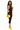 Side profile of black lace halter capri romper featuring deep V neckline, curve-hugging silhouette, yellow heels, and clutch.