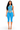 A woman modeling a bright blue two-piece activewear set consisting of a sleeveless high-neck crop top with horizontal cutouts and matching high-waisted capri leggings with side cutouts, shot against a plain white background.