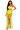 Woman wearing a neon green strapless top and high-waisted mesh skirt on a white background