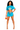 Woman wearing a blue outfit with orange accents on a white background