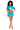 Woman wearing a turquoise sports-themed outfit with a white background