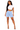 Woman wearing a white crop top and light blue biker shorts on a white background