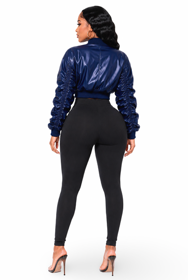 Drea - Women's Bomber Style Long Ruched Detail Sleeves Semi Crop Light Jacket