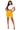 Woman wearing a white crop top and yellow biker shorts on a white background