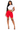 Woman wearing a white crop top and red shorts on a white background
