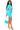 Woman wearing a blue dress with a cutout design, holding a matching blue handbag on a white background.