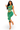A woman modeling a green two-piece set consisting of a sleeveless crop top with horizontal cutout details and matching high-waisted leggings, posed against a plain white background.