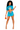 Woman wearing a blue outfit with orange accents on a white background