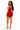 A woman modeling a red halter-neck bodycon mini dress from the back, paired with beige high-heeled sandals, against a plain white background.