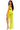 Woman wearing a neon green strapless top and sheer skirt on a white background