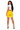 Woman wearing a white top and yellow shorts on a white background