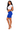 Woman wearing a white crop top and blue shorts on a white background