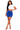 Woman wearing a white crop top and blue shorts on a white background