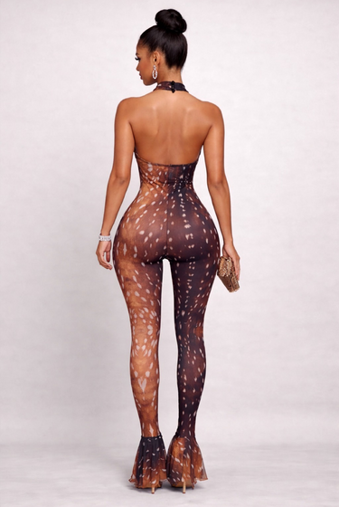 Your Just An Illusion - Sheer Mesh Printed Women Halter Bodycon One Piece Stretch Club Outfit Jumpsuit