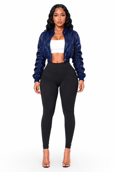 Drea - Women's Bomber Style Long Ruched Detail Sleeves Semi Crop Light Jacket