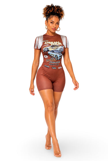 All I do Is Win - Women's Fringe Detail Racing Graphic Tee Style Bermuda Romper