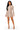 A woman modeling a long-sleeve knit mini dress with vertical brown and beige stripes and side cutouts, paired with clear high-heeled sandals, against a plain white background.