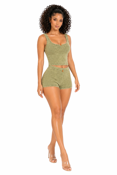 You See It - Women's Matching Stretch Ribbed Burn Out Short set