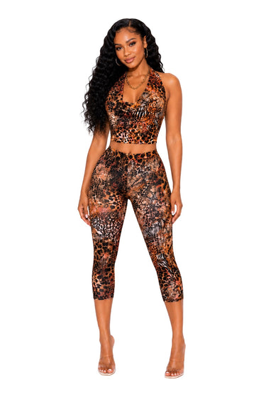 Beg For It - Matching Animal Print Cowl Neck Crop Capri Pants Set