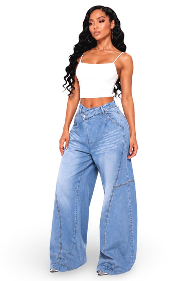 What You Saying - Baggy Oversized Cargo Detail Asymmetric Waist Denim Jeans