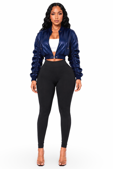 Drea - Women's Bomber Style Long Ruched Detail Sleeves Semi Crop Light Jacket
