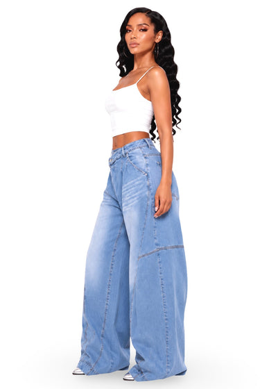 What You Saying - Baggy Oversized Cargo Detail Asymmetric Waist Denim Jeans