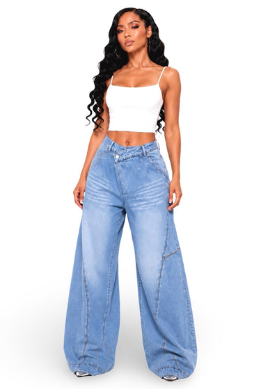 What You Saying - Baggy Oversized Cargo Detail Asymmetric Waist Denim Jeans