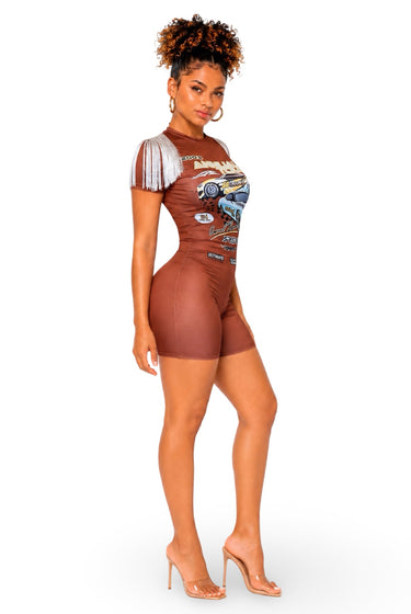 All I do Is Win - Women's Fringe Detail Racing Graphic Tee Style Bermuda Romper