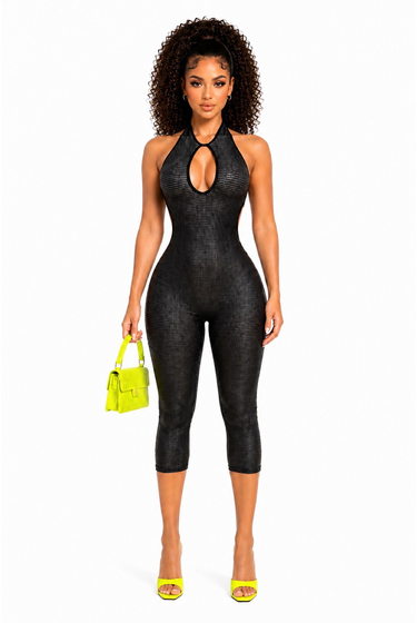 Midnight Pressure -Textured Halter Back Cut Out Capri Romper Stretch Fit