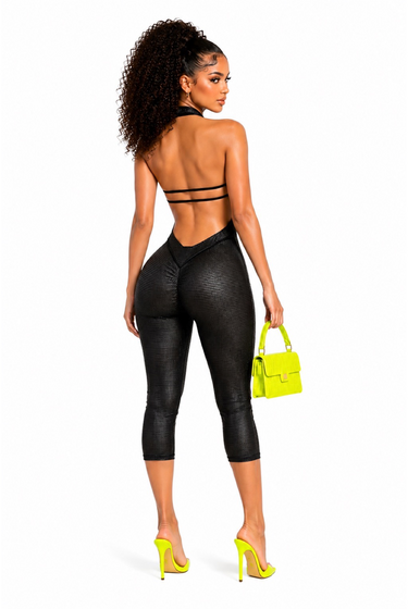 Midnight Pressure -Textured Halter Back Cut Out Capri Romper Stretch Fit
