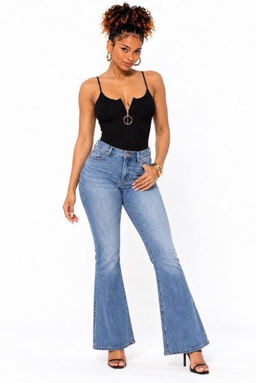 Flavor - Women's Stretch Ribbed Spaghetti Strap Zip Up Bodysuit