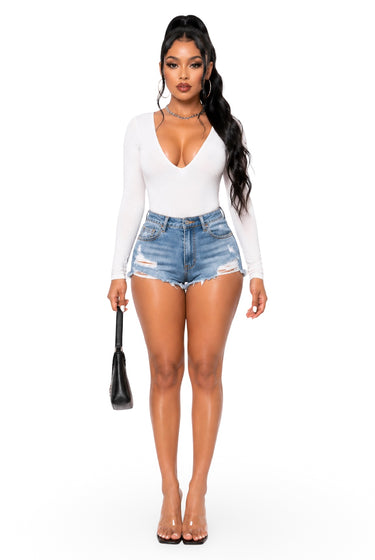 Much Needed - Front V Neck Long Sleeve Bodysuit: Stretch Double Layer Women’s Top
