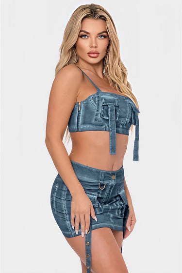 Queen Me - Matching Cargo Detail Denim Print Mini Skirt Set