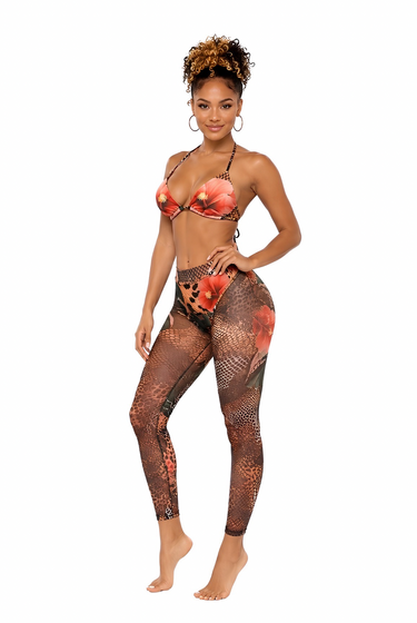 Best Of Both Worlds - Three Piece Matching Tropical Floral Print Bikini With Mesh Legging Swim Set