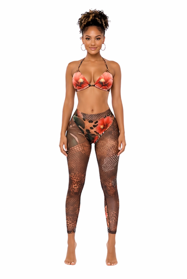 Best Of Both Worlds - Three Piece Matching Tropical Floral Print Bikini With Mesh Legging Swim Set