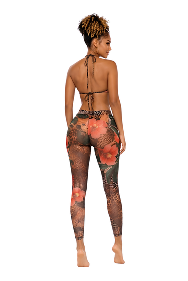 Best Of Both Worlds - Three Piece Matching Tropical Floral Print Bikini With Mesh Legging Swim Set