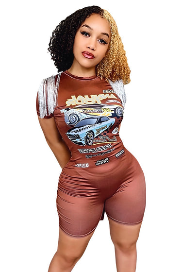 All I do Is Win - Fringe Detail Racing Graphic Tee Style Bermuda Romper