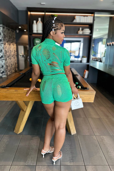 Always Noticed - Matching Stretch Knit Distressed Short Set