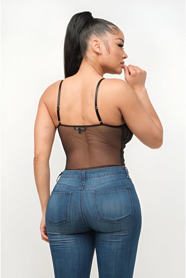 What A Day - Adjustable Strap Mesh Detail Fitted Leotard Bodysuit for Women