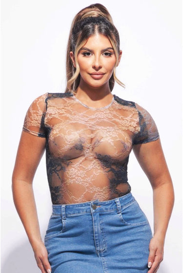 Exposed - Lace Body Print Mesh Bodysuit Sheer Short Sleeve Women’s Top