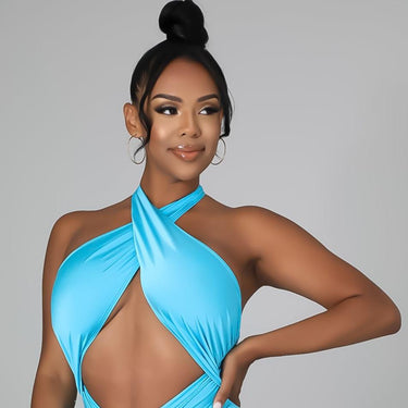 Late Night Hype - Halter Mini Dress Twist Wrap Front Ruched Detail Summer Bodycon Fit