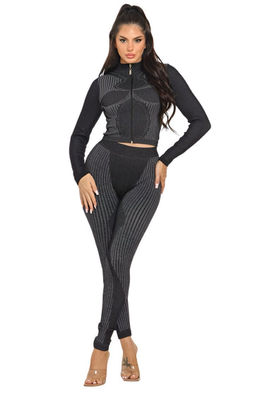 Me Time - Seamless Long Sleeve Stretch Two Piece Lounge Streetwear Pants Set