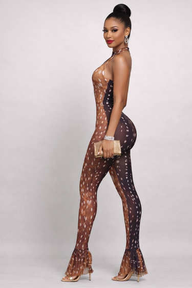 Your Just An Illusion - Sheer Mesh Printed Women Halter Bodycon One Piece Stretch Club Outfit Jumpsuit