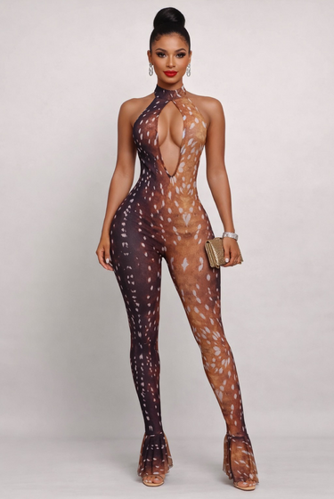 Your Just An Illusion - Sheer Mesh Printed Women Halter Bodycon One Piece Stretch Club Outfit Jumpsuit