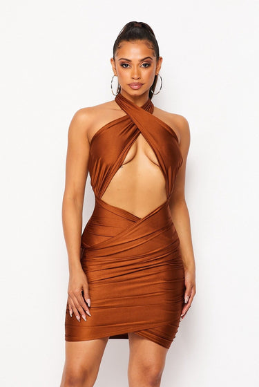 In Control....Halter Neck Tie Mid Cut Out Mini Dress | Swagg Boutique LLC.